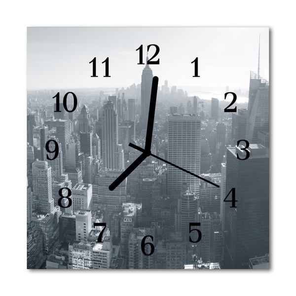 Glass Kitchen Clock Skyline city black & white