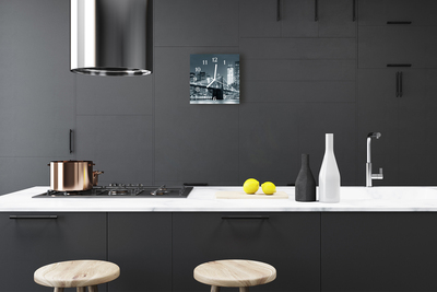 Glass Kitchen Clock Skyline bridge city black & white