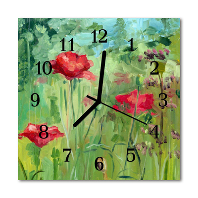 Glass Kitchen Clock Poppies flowers & plants red, green