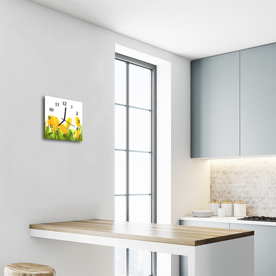 Glass Kitchen Clock Tulips plants yellow