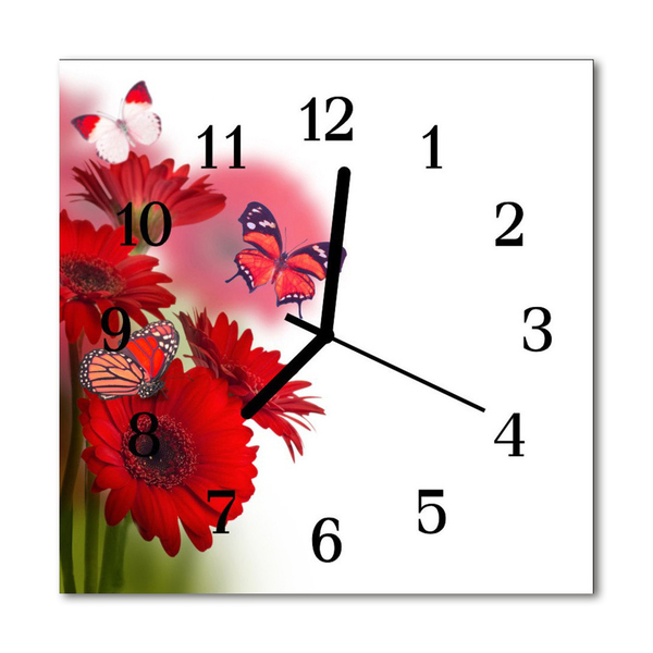 Glass Wall Clock Gerbera flowers red