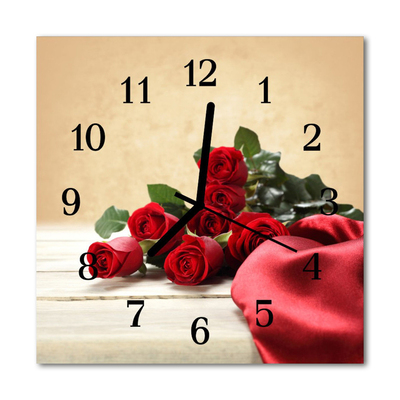 Glass Wall Clock Roses flowers red