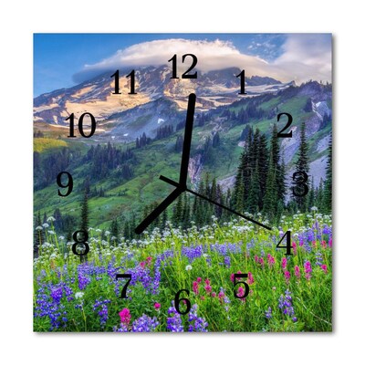 Glass Wall Clock Meadow mountain landscape green