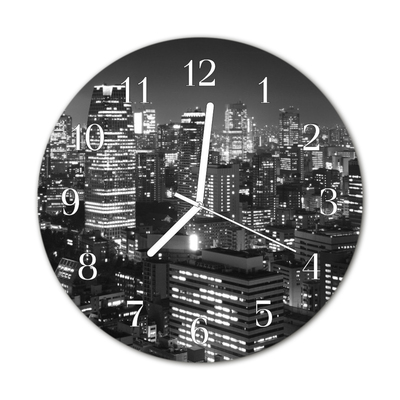 Glass Kitchen Clock Skyline city black & white