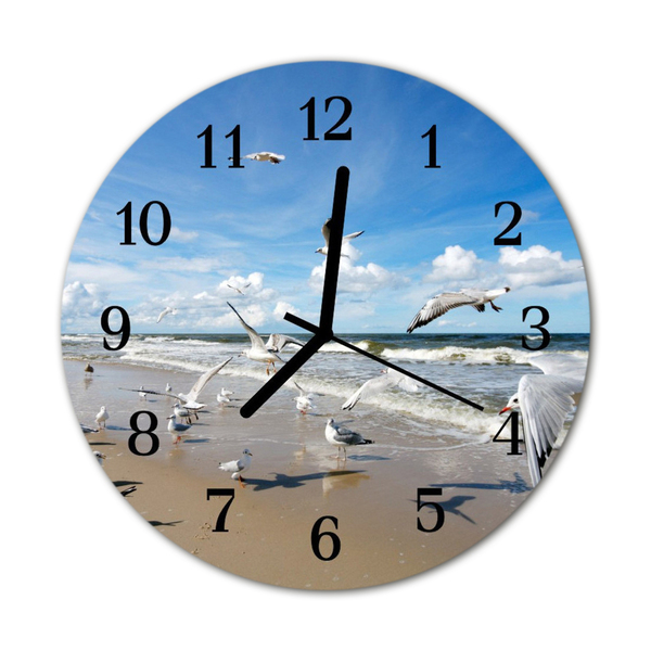 Glass Kitchen Clock Beach gulls landscape blue, beige