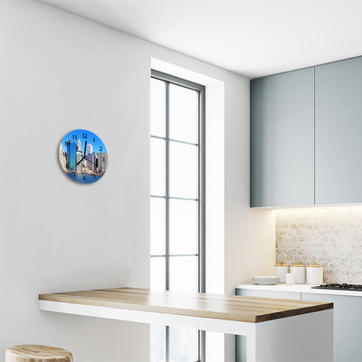 Glass Kitchen Clock Skyline city blue