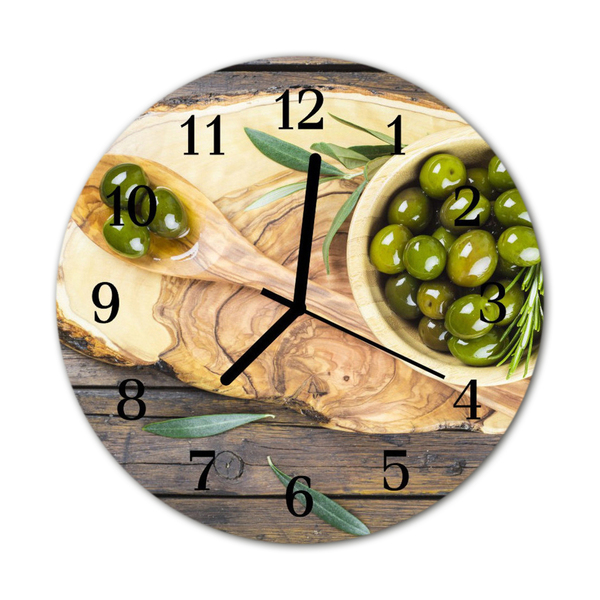 Glass Kitchen Clock Olives wood kitchen brown, green