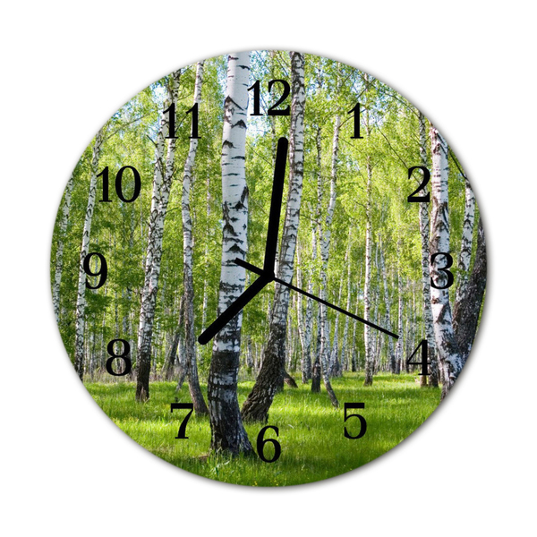 Glass Kitchen Clock Birches forest landscape green, white