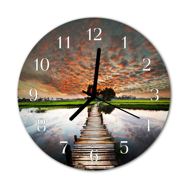 Glass Kitchen Clock Meadow bridge landscape multi-coloured