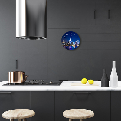 Glass Kitchen Clock Skyline city blue