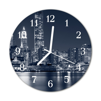 Glass Kitchen Clock Skyline city black & white