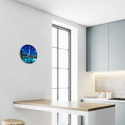 Glass Kitchen Clock Skyline night city blue