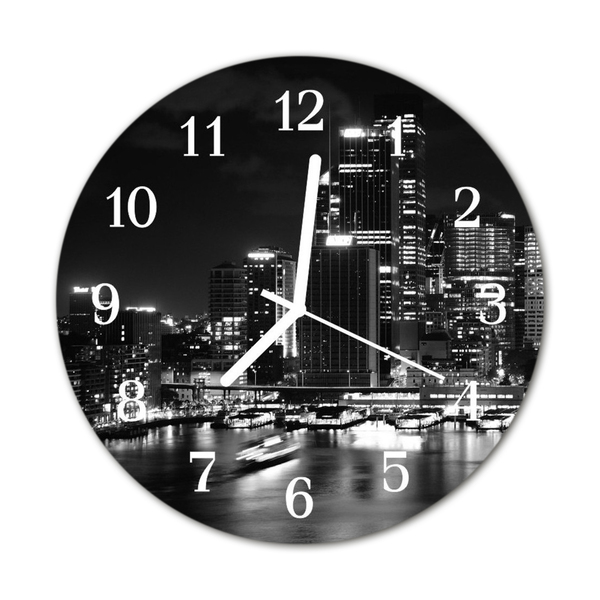 Glass Kitchen Clock Skyline city black & white