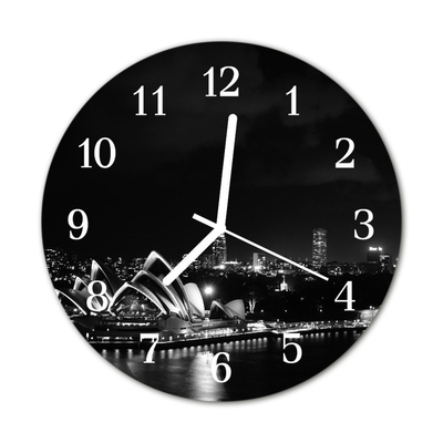 Glass Kitchen Clock Sydney skyline city black & white