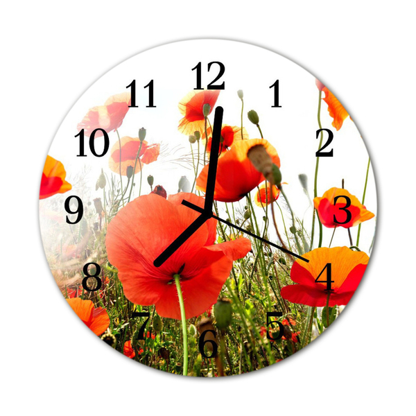 Glass Kitchen Clock Poppies flowers & plants red, green