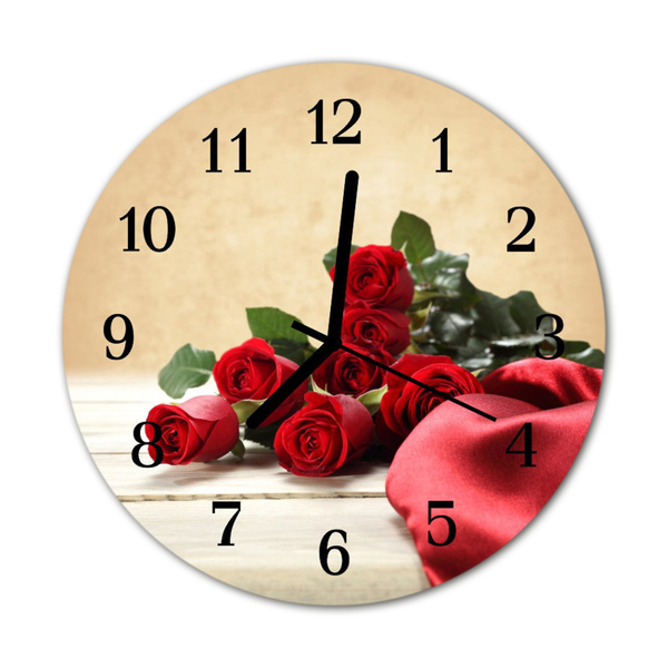 Glass Wall Clock Roses flowers red