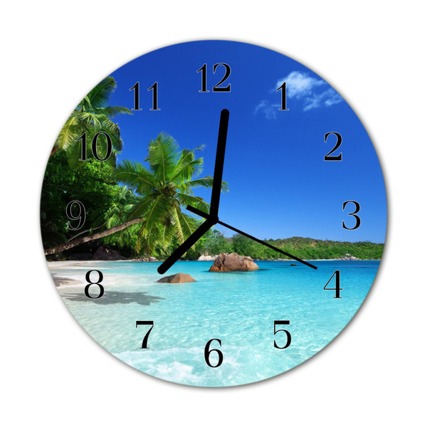 Glass Wall Clock Island palm trees landscape plants blue