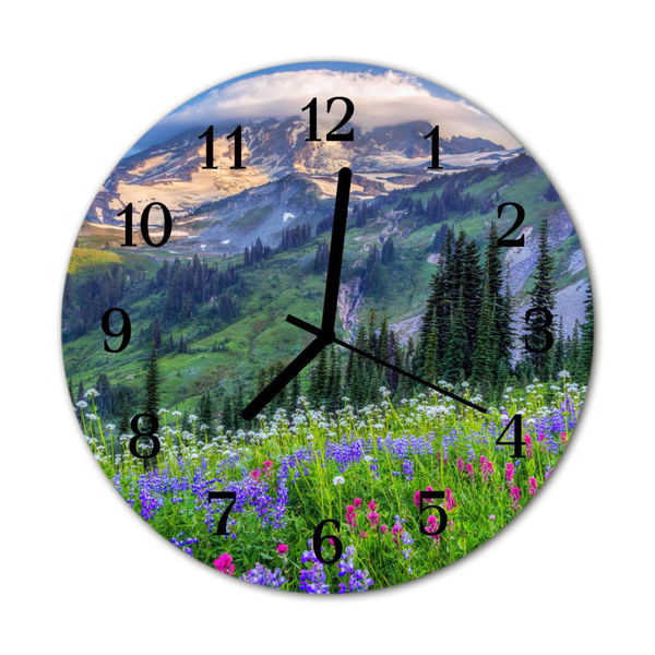 Glass Wall Clock Meadow mountain landscape green