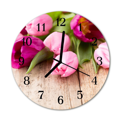 Glass Wall Clock Tulips plants pink