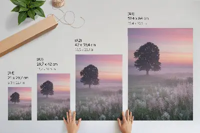 Art print lonely tree in the fog with pastel sky colors