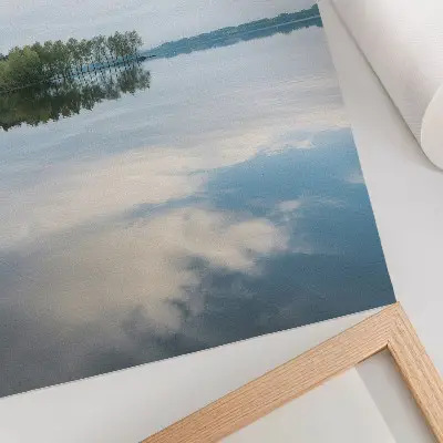 Decorative poster calm water landscape with sky and tree reflections
