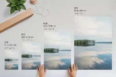 Decorative poster calm water landscape with sky and tree reflections