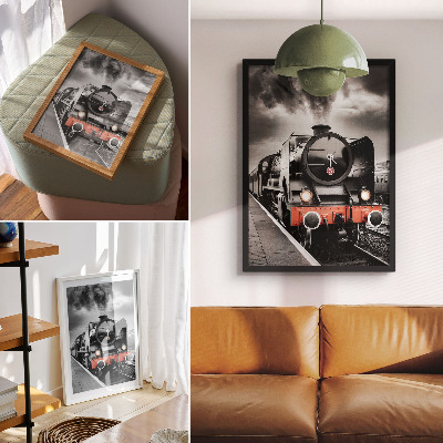 Decorative poster A powerful and classic black and white steam locomotive