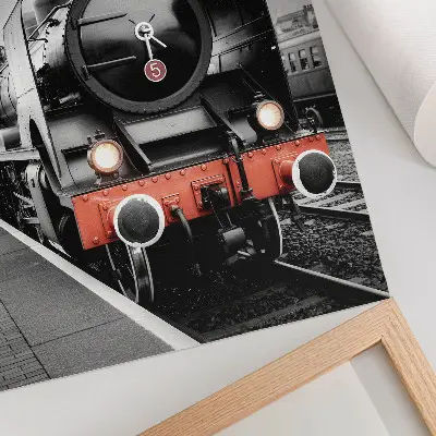 Decorative poster with a powerful and classic black and white steam locomotive