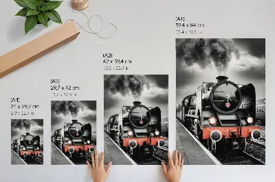 Decorative poster with a powerful and classic black and white steam locomotive