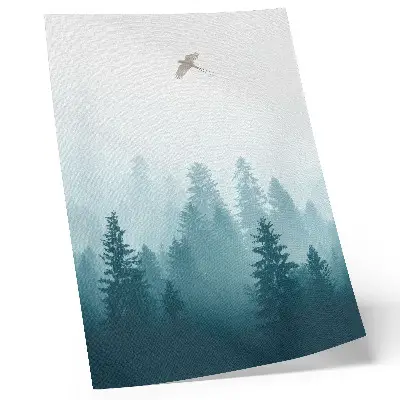 Premium wall art gentle fog forest with a bird high above the trees