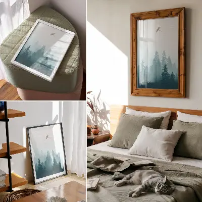 Premium wall art gentle fog forest with a bird high above the trees
