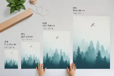 Premium wall art gentle fog forest with a bird high above the trees
