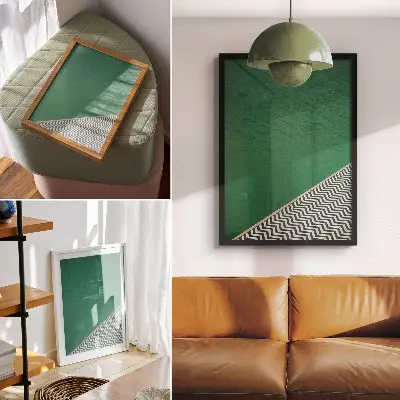 Art print with a green geometric black and white pattern