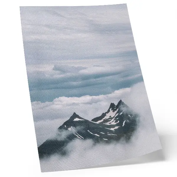Art print mountain peaks in the fog with a peaceful and elegant aesthetic