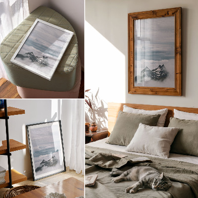 Art print Mountain peaks in the fog, peace, elegance