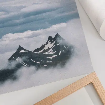 Art print mountain peaks in the fog with a peaceful and elegant aesthetic