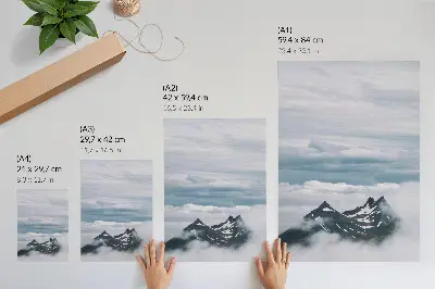 Art print mountain peaks in the fog with a peaceful and elegant aesthetic