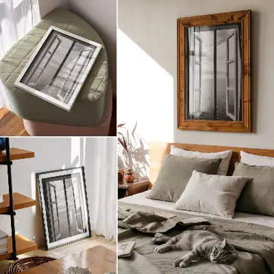 Premium wall art open window view of a peaceful horizon in space