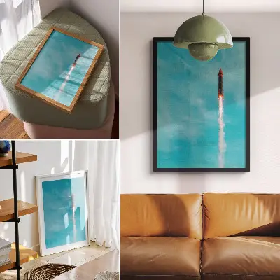 Decorative poster rocket rising into the blue sky