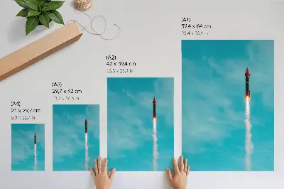 Decorative poster rocket rising into the blue sky
