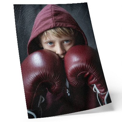 Decorative poster Child in a burgundy sweatshirt boxer with gloves minimalism