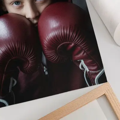 Decorative poster minimalist child in a burgundy sweatshirt and boxing gloves