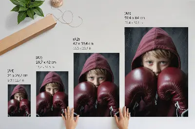 Decorative poster minimalist child in a burgundy sweatshirt and boxing gloves