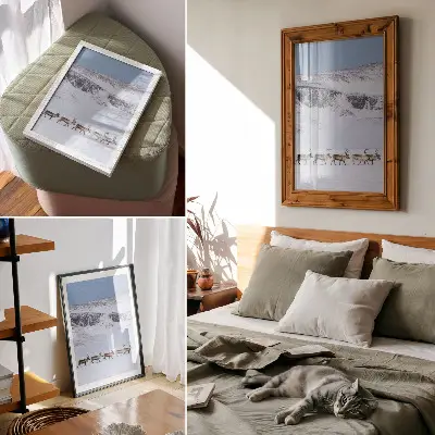 Art print reindeer against a winter mountain landscape