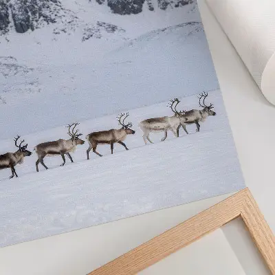 Art print reindeer against a winter mountain landscape