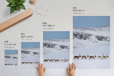 Art print reindeer against a winter mountain landscape