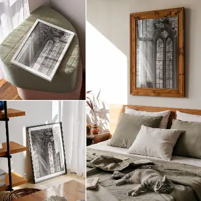 Premium wall art old Gothic windows with light and leaves mystery