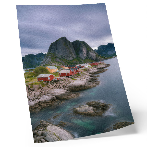 Premium wall art Red houses, mountains, water in the background, peaceful atmosphere