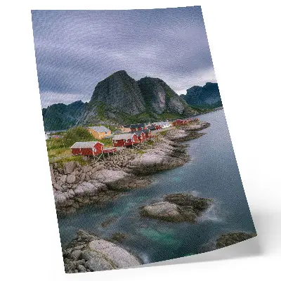Premium wall art featuring a peaceful landscape of red houses, mountains, and water