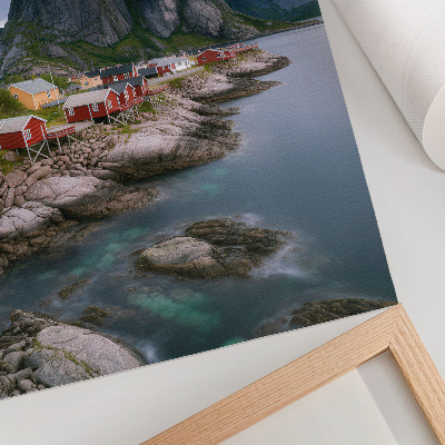 Premium wall art Red houses, mountains, water in the background, peaceful atmosphere